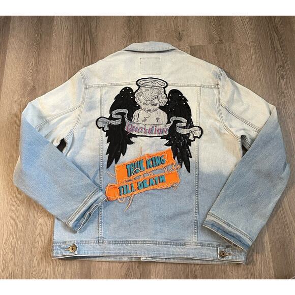PYFD Vintage Denim Jacket Mens 2XL Guardian Angel King Streetwear Rock Hip Hop - Picture 3 of 16
